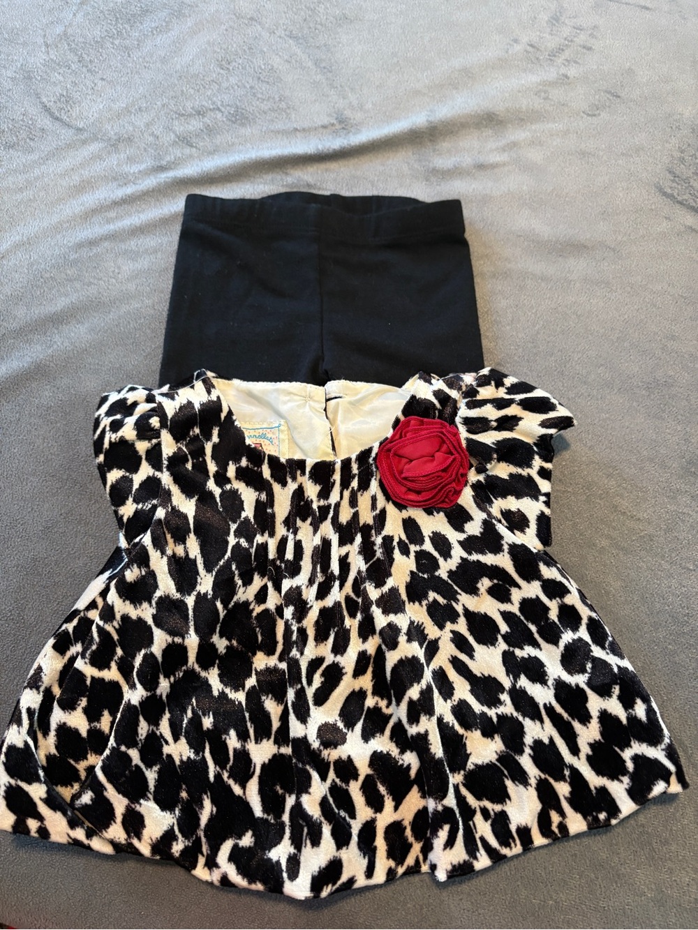Girls Black & Cream Leopard Print Top with Red Flower Accent
